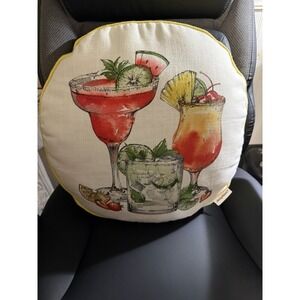 TOMMY BAHAMA Indoor Outdoor 18" Round Pillow Yellow HAPPY HOUR Cocktail Drink